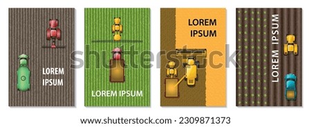 A set of vectors. Top view of agricultural machinery. Tractors, farm, field. Plowing the land, planting, harvesting. View from above. Ecological agriculture. Royalty-Free Stock Photo #2309871373