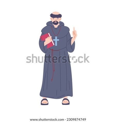 Vector illustration of medieval priest with bible and cross. Cartoon concept of Middle ages, isolated on white background Royalty-Free Stock Photo #2309874749
