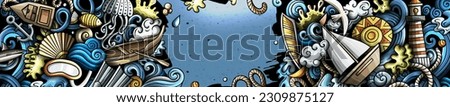 Marine hand drawn doodle banner. Cartoon vector detailed flyer. Illustration with nautical objects and symbols. Colorful horizontal background