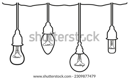 Illustration of four light bulbs with words inside them related to teamwork: team, work, knowledge and ideas.