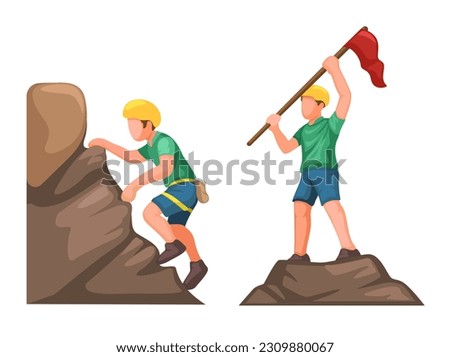 Man Climbing To The Top of Mountain Holding Flag Cartoon illustration Vector