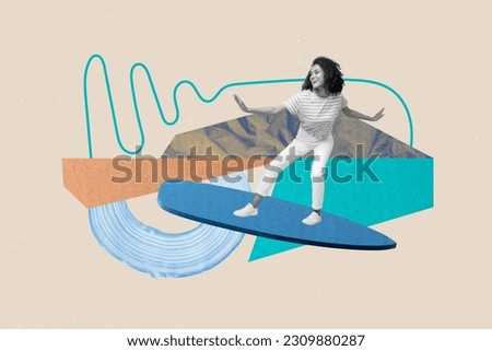 Composite collage picture of black white gamma positive girl balancing stand painted surf board isolated on beige background