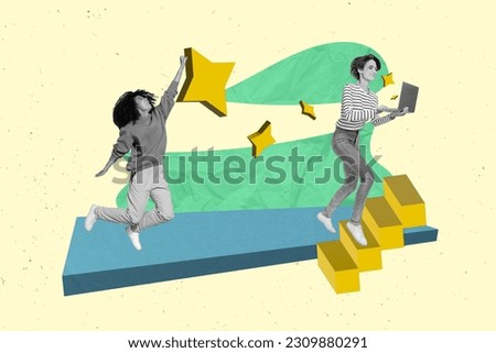 Artwork collage picture of two black white gamma girls jump reach touch star run climb stairs use netbook isolated on painted background
