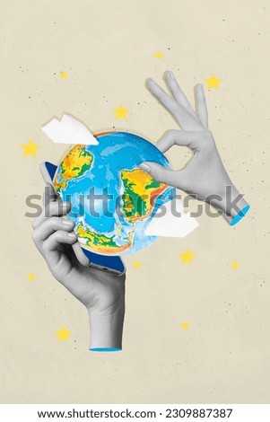 Poster banner picture 3d collage sketch template of human arm hold globe buy tickets flight abroad resort relax rest tropical continent