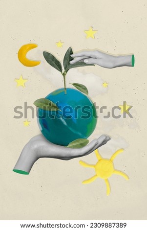 Eco friendly concept collage picture of hands holding planet earth save world growing green plant flowers isolated on beige background