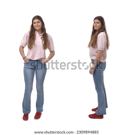 side and back view of a young girl standing on white background Royalty-Free Stock Photo #2309894885