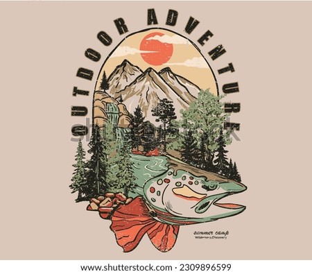 Outdoor adventure vector print design. Mountain adventure artwork. Wild national park illustration. Fishing design. 