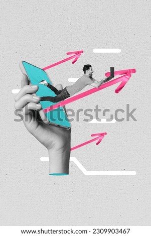 Picture template illustration collage phone app download messenger send email use netbook miniature worker man isolated on grey background