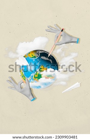 Collage design picture creative surreal artwork of hands holding globe planet earth pen write explore geography isolated on grey background Royalty-Free Stock Photo #2309903481