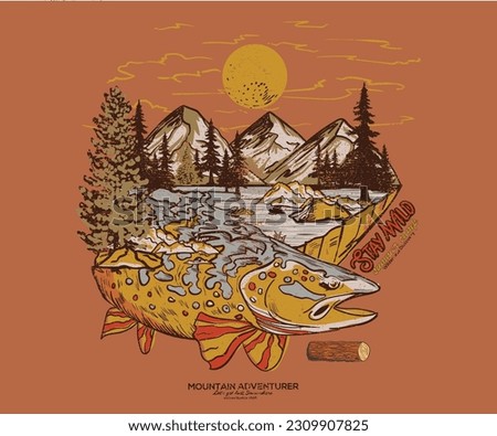 Mountain fish t shirt vector design. Adventure drawing artwork for apparel, sticker, batch, background, poster and others. Mountain adventure design. Fishing campig.