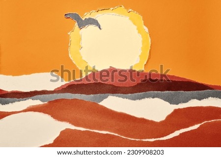 Layers of colored paper with torn edges. Landscape with the rising sun and birds. Abstract background in warm colors.