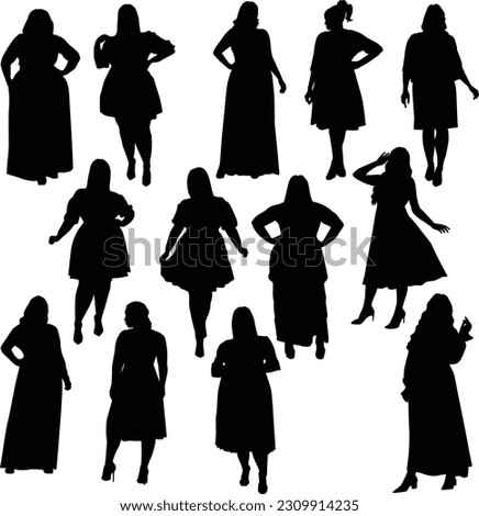 
Set of vector silhouettes of women plus size in different poses isolated on white background