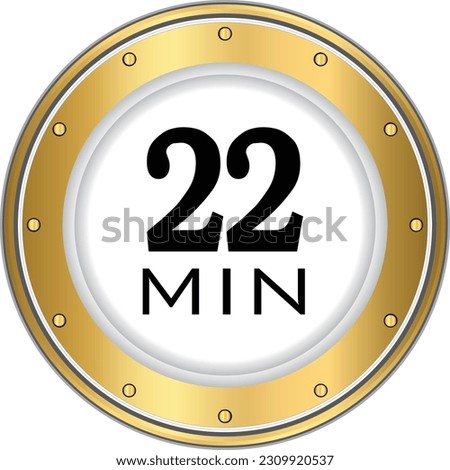 22 minute icon. Symbol for product labels. Different uses such as cooking time, cosmetic or chemical application time, waiting time . 22min time circle icon. isolated background.