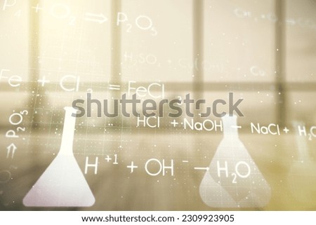 Creative chemistry hologram on empty classroom background, pharmaceutical research concept. Multiexposure