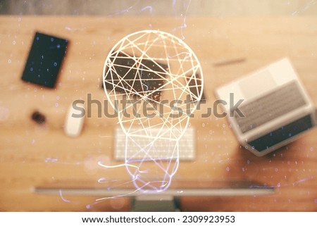 Creative light bulb illustration on modern computer background, future technology concept. Multiexposure