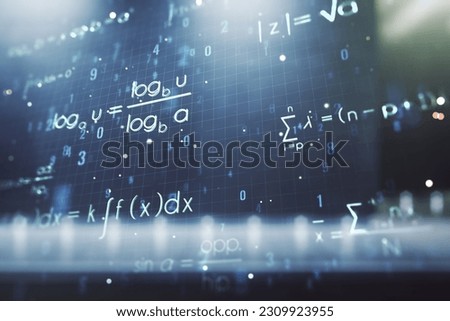 Scientific formula illustration on blurry contemporary office building background, science and research concept. Multiexposure