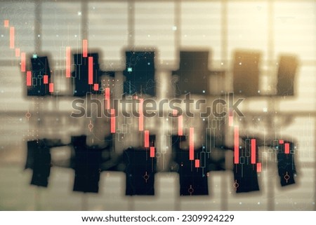 Double exposure of abstract virtual global crisis chart and world map hologram on a modern meeting room background. Financial crisis and recession concept