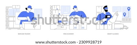 Warehouse devices abstract concept vector illustration set. Worker scans goods with barcode reader, checking goods with ring scanner, managing inventory using smart glasses abstract metaphor.
