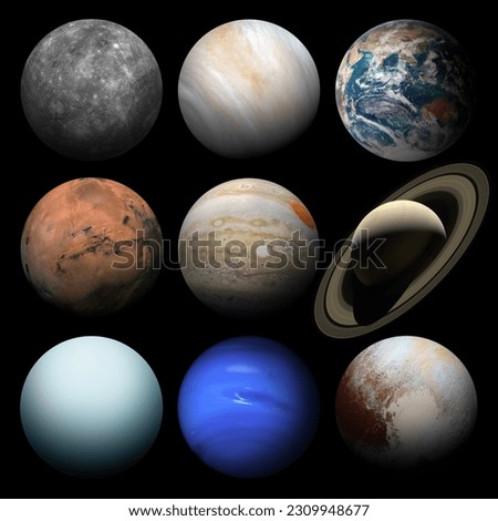 Solar system planets isolated on black for ease of use and integration into your design. Mercury, Venus, Earth, Mars, Jupiter, Saturn, Uranus, Neptune, Pluto. Elements furnished by NASA.