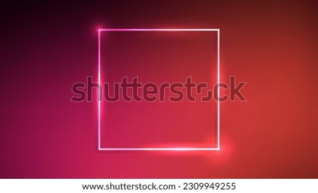 Neon square frame with shining effects on red background. Empty glowing techno backdrop. Vector illustration