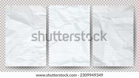 Set of white clean crumpled papers on a transparent background. Crumpled empty notebook sheets of paper with shadow for posters and banners. Vector illustration Royalty-Free Stock Photo #2309949349