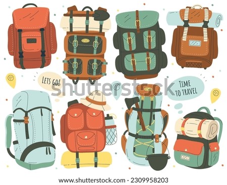 Travel backpacks flat illustrations set. Hiking backpacks and equipment for camping. Ax, bottle of water, cauldron. Camping bag for overnight stay. Design elements Royalty-Free Stock Photo #2309958203