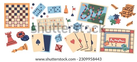 Cartoon Color Board Games Different Types Set Leisure Concept Flat Design Style Include of Domino, Chess and Puzzle. Vector illustration Royalty-Free Stock Photo #2309958443