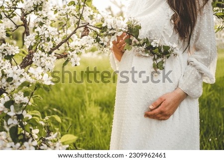 Close-up of pregnant woman with hands on her belly on nature background. Concept of pregnancy, maternity, expectation for baby birth.