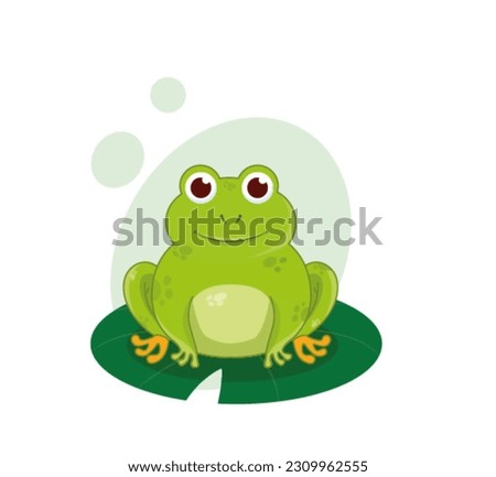 green frog smiles and sits on a water lily