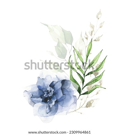 Greenery arrangement watercolor. Bouquet with blue rose, green leaves, palm branch, golden texture twigs.