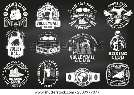 Set of Boxing club and Volleyball club badge, logo design on chalkboard. Vector. Vintage monochrome label, sticker with volleyball ball, player, referee whistle, Boxer, gloves, boxing jump rope and