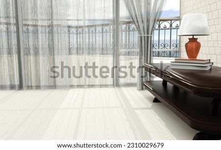 Interior with transparent light gray curtain, sunlight through windows, light beige concrete floor and mahogany cabinet with books and lamp and balcony view. Design and interior decoration. 3d render.