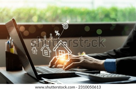 Real estate investment goals concept, buy house, location, energy efficiency rating and property value, Real estate online on virtual screens. home search, land price, real estate market