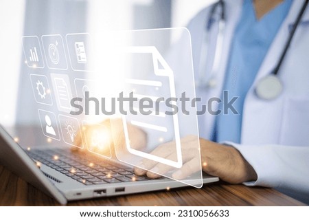 Doctor using computer working in hospital, Doctor using computer checking data patient document, Doctor using computer for health care hospital background	
