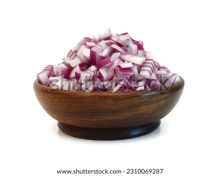 Red onion slice in wooden bowl on white background  Royalty-Free Stock Photo #2310069287