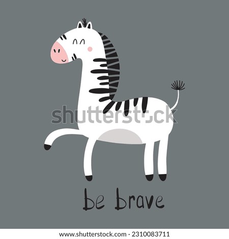 Poster with cute zebra. Vector illustration for decoration postcards, textiles, nursery.
