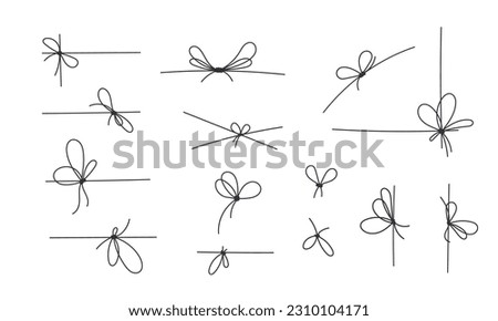 Line bows knots on ribbon for gift decoration. String with rope knots in doodle style, simple thin line wedding elements isolated on white background.