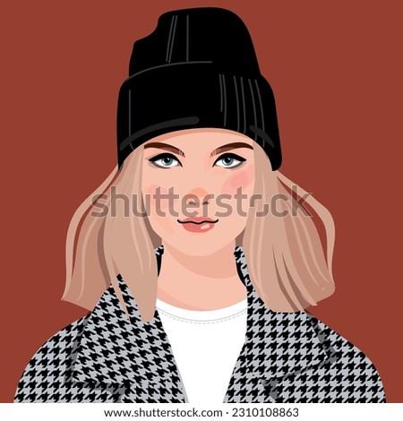 Hand-drawn beautiful woman portrait. A fashionable woman in a knitted hat . Stylish look. A fashionable girl. Stylish cosy warm image of a girl. 