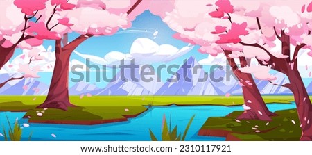Riverside sakura garden on mountain background. Vector cartoon illustration of river water flowing between old cherry blosson trees with pink flowers, asian spring park under blue sky with clouds Royalty-Free Stock Photo #2310117921