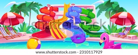Aqua park with water slide summer vector cartoon illustration. Swimming pool in waterpark for family amusement. Inflatable lifebuoy and plastic screw pipeline outdoor entertainment near palm tree Royalty-Free Stock Photo #2310117929