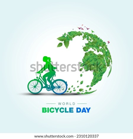 World Bicycle Day. Go green and save environment. Girl riding cycle and world map with green leaf.