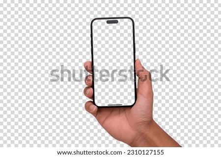 Hand holding smart phone 14 pro max Mockup and screen Transparent and Clipping Path isolated for Infographic Business web site design app
