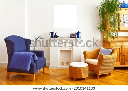 Interior design template of living room with square mock-up canvas print over fireplace mantle, with wingback and wicker chair and vintage furniture.