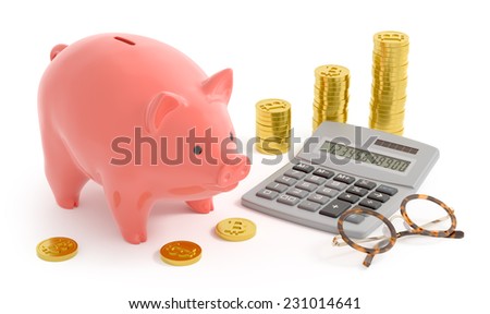 Piggy Bank Accounting. Retro style composition of the coin bank near the bitcoins, digital calculator and accounting spectacles/glasses. 3D rendered image.