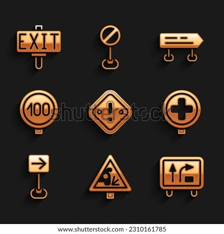 Set Exclamation mark in triangle, Warning road sign, Road traffic, Hospital, Traffic turn right, Speed limit,  and Fire exit icon. Vector