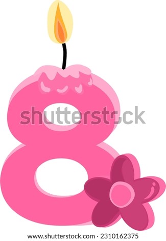Pink eight 8 number happy birthday candle and flower vector illustration.