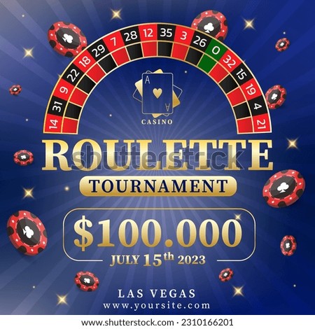 Casino tournament, roulette and chips banner. Can be used as a flyer, poster or advertisement. Vector illustration on a blue background. Royalty-Free Stock Photo #2310166201