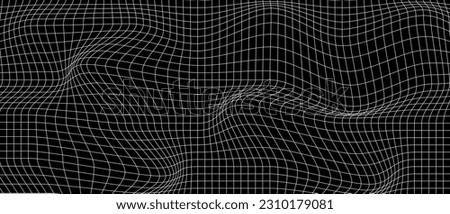 Distorted white grid on black background. Waved mesh texture. Fish net with deformation effect. Bented lattice surface. Vector graphic illustration. Royalty-Free Stock Photo #2310179081