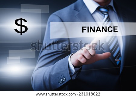 business, technology, internet and networking concept - businessman pressing finance button on virtual screens