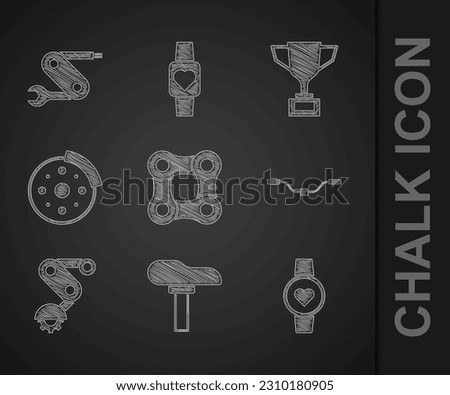 Set Bicycle chain, seat, Smart watch, handlebar, Derailleur bicycle rear, brake disc, Award cup with and Swiss army knife icon. Vector
